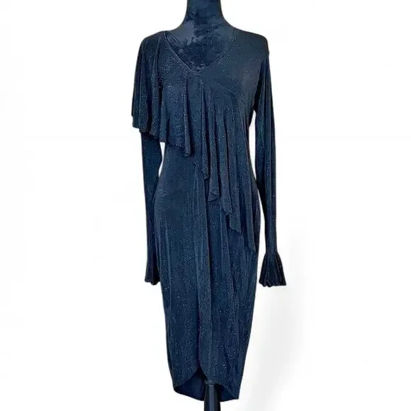 Black Draped Cutout Midi Dress – Minimalist Asymmetrical L - Picture 2 of 8